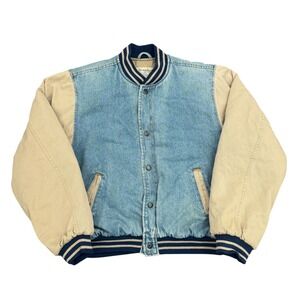 Vintage Greatland Outdoor Kids Denim Varsity Jacket Cream Blue Collar Retro